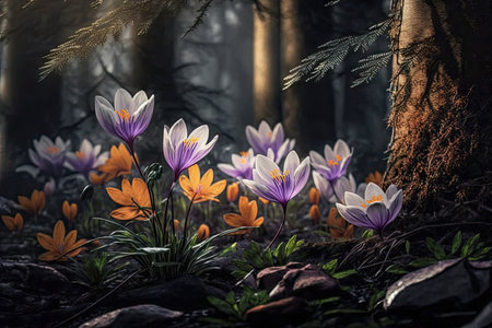 springtime, with crocus blooming in the forest, created with generative aiの素材