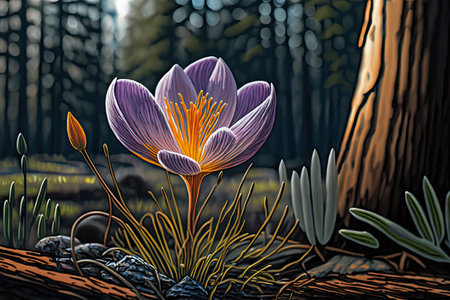 close-up of crocus flower, with a backdrop of towering trees, created with generative aiの素材