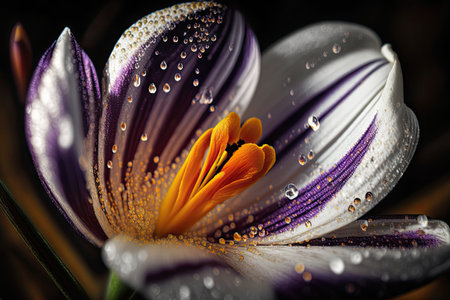 close-up of crocus flower in full bloom, with dewy petals and open blooms, created with generative aiの素材