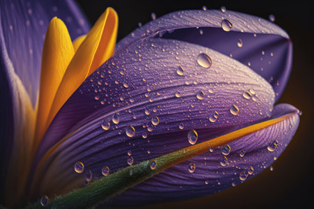 close-up of crocus flower, with dewdrop on petal, created with generative aiの素材