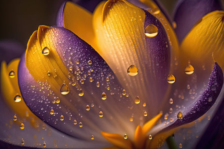 close-up of crocus blooms, with dew drops on petals, created with generative aiの素材