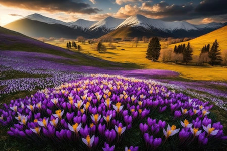 a field of crocuses in full bloom, surrounded by rolling hills, created with generative aiの素材