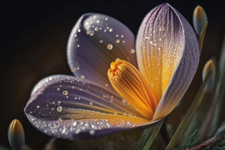 close-up of crocus bloom, with dew droplets on the petals, created with generative aiの素材