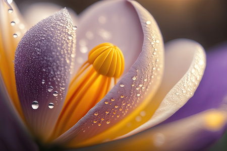 close-up of crocus bloom, with dew droplets on the petals, created with generative aiの素材