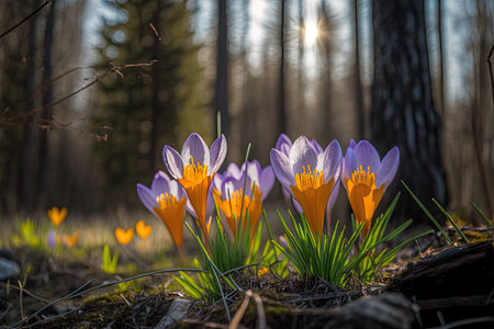 close-up of crocus blooms in the forest, with a view of the trees in the background, created with generative aiの素材