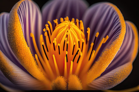 close-up of crocus flower, with its intricate petals and yellow stamen in full bloom, created with generative aiの素材
