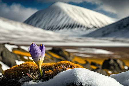 crocus blooming in the snow, with a view of the mountain range in the background, created with generative aiの素材