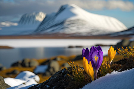 crocus blooming in the snow, with a view of the mountain range in the background, created with generative aiの素材