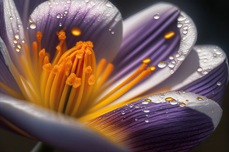 close-up of crocus flower, with dewdrop visible on the petals, created with generative aiの素材