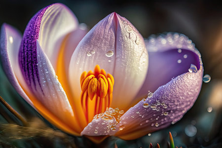 close-up of crocus flower in full bloom, with dew on the petals, created with generative aiの素材