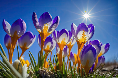 row of crocuses in full bloom against a clear blue sky, created with generative aiの素材