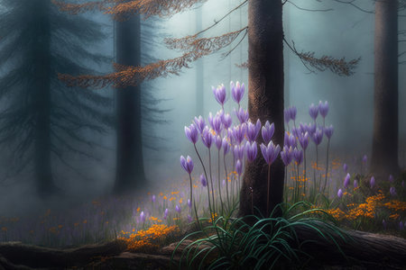 crocus blooming in the misty forest, surrounded by towering trees, created with generative aiの素材