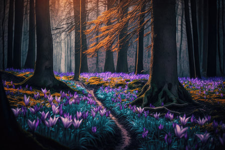 magical forest with colorful crocuses blooming among the trees, created with generative aiの素材
