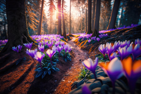 magical forest with colorful crocuses blooming among the trees, created with generative aiの素材