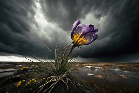 a crocus flower against a stormy sky, created with generative aiの素材