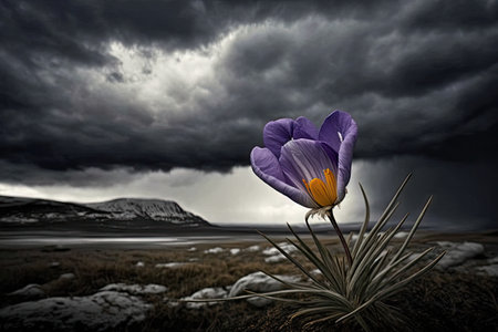 a crocus flower against a stormy sky, created with generative aiの素材