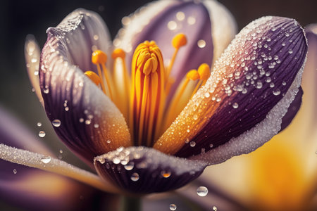 close-up of crocus flower, with dew drops on the petals, created with generative aiの素材