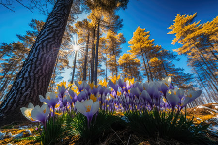 serene forest with blooming crocuses and clear blue sky, created with generative aiの素材