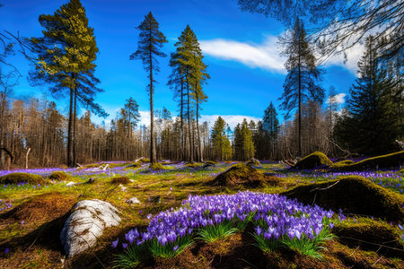 serene forest with blooming crocuses and clear blue sky, created with generative aiの素材