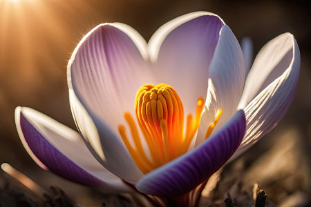 close-up of crocus flower, with sun shining through petals, created with generative aiの素材