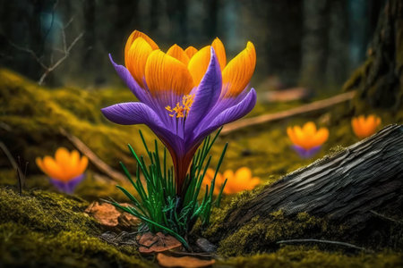 brightly colored crocus blooming in the forest, created with generative aiの素材