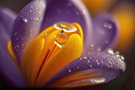close-up of crocus flower, with dewdrop on its petals, created with generative aiの素材