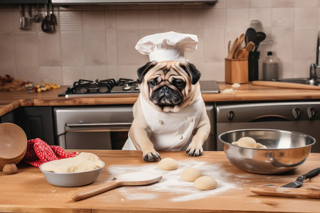 dog chef whipping up batch of homemade doggy treats in home kitchen, created with generative aiの素材