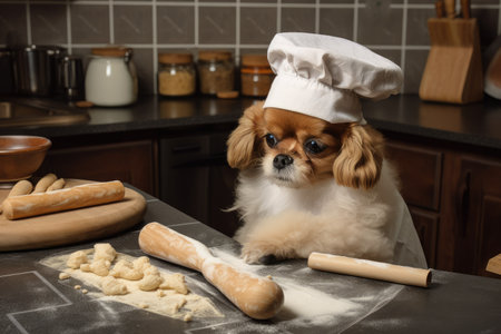dog chef, with rolling pin in hand, making homemade dog treats, created with generative aiの素材