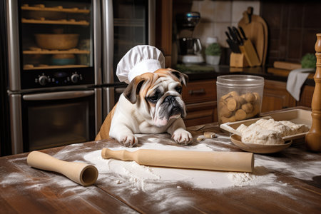 dog chef, with rolling pin in hand, making homemade dog treats, created with generative aiの素材
