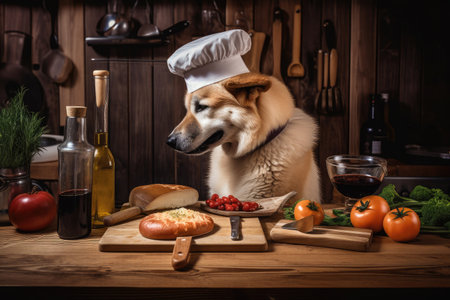 dog chef preparing a delicious meal of fish and vegetables on wooden kitchen counter, created with generative aiの素材