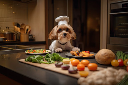 dog chef, preparing healthy and nutritious treats for furry client, created with generative aiの素材