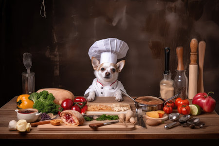 dog chef preparing culinary masterpiece with ingredients and utensils of all shapes and sizes, created with generative aiの素材