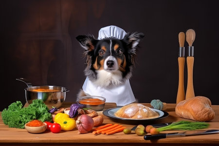 dog chef preparing culinary masterpiece with ingredients and utensils of all shapes and sizes, created with generative aiの素材