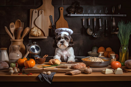 dog chef, with ingredients and recipes at hand, preparing delicious homemade meal for beloved pet, created with generative aiの素材