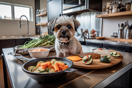 dog chef preparing a variety of healthy, low-calorie meals for its owners, created with generative aiの素材
