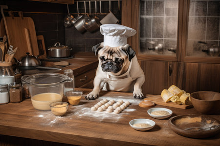 dog chef, measuring out ingredients for sweet and savory pastry treats, created with generative aiの素材