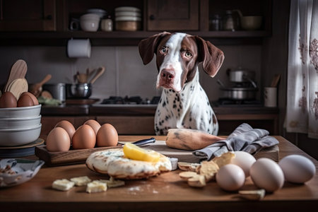 dog chef preparing tasty meal of bacon, eggs, and potatoes for breakfast, created with generative aiの素材