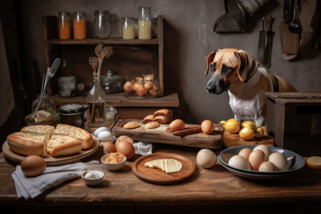 dog chef preparing tasty meal of bacon, eggs, and potatoes for breakfast, created with generative aiの素材