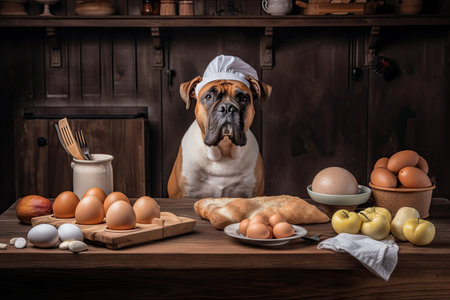 dog chef preparing tasty meal of bacon, eggs, and potatoes for breakfast, created with generative aiの素材