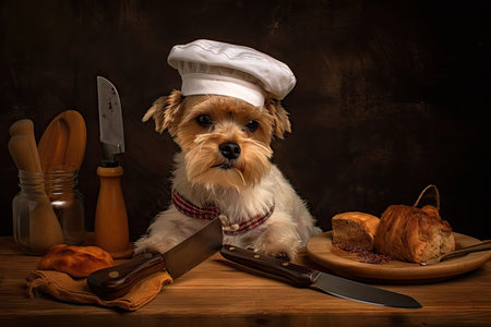 dog chef, wearing a toque and wielding impeccably sharp knife, prepares savory and nutritious meal, created with generative aiの素材