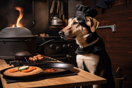 dog chef cooking with sizzling hot plate, preparing meal for four-legged friend, created with generative aiの素材