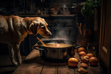 dog chef stirs a simmering pot of broth, preparing for the evening meal, created with generative aiの素材