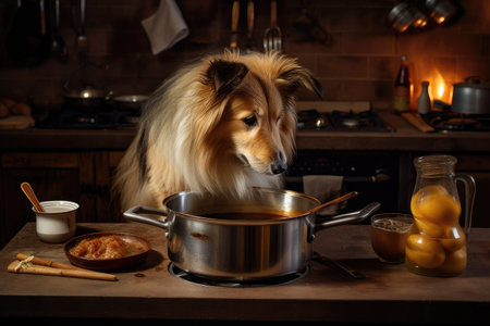 dog chef stirs a simmering pot of broth, preparing for the evening meal, created with generative aiの素材