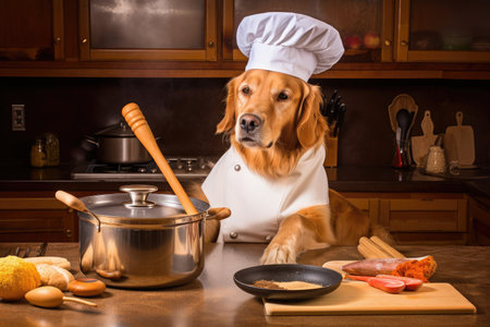 a dog chef, stirring a pot of homemade stew for their canine companion, created with generative aiの素材