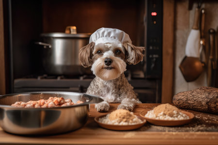 dog chef, with bowl of freshly cooked and seasoned dog food on board, in warm and cozy kitchen, created with generative aiの素材