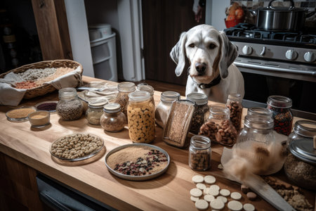 dog chef, mixing up batch of homemade dog treats, with ingredients at ready, created with generative aiの素材