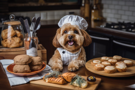 dog chef, preparing a variety of delicious treats and meals for friends, family, and furry clients, created with generative aiの素材