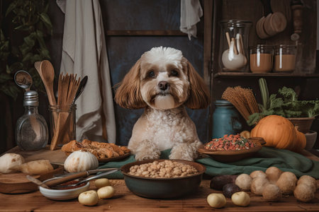 dog chef, preparing a variety of delicious treats and meals for friends, family, and furry clients, created with generative aiの素材