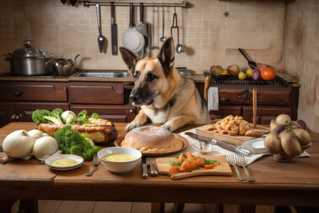 dog chef, preparing meal of roasted chicken and vegetables for four-legged guest, created with generative aiの素材