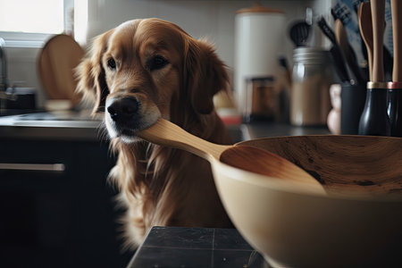 close-up of dogs paw, holding wooden spoon, while it cooks in busy kitchen, created with generative aiの素材